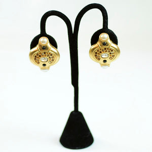 Costume Gold Tone Clip On Earrings with Black, Amber, and White Stones