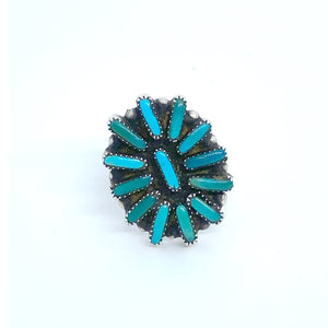 Vintage Navajo Silver Needlepoint Turquoise Sunflower VJB Signed Ring Sz 6.5