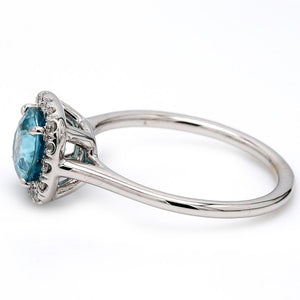 18K White Gold, Blue Zircon, & Diamond Halo Engagement Ring - Sz. 6.25