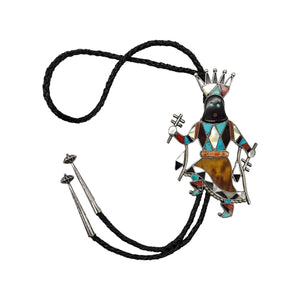 Vintage Native American Sterling Silver Multi-Stone Apache Crown Dancer Bolo Tie