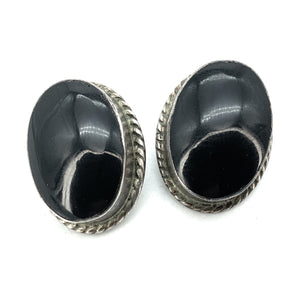 Vintage Mexico 1970's Sterling Silver Black Onyx Clip-On Earrings
