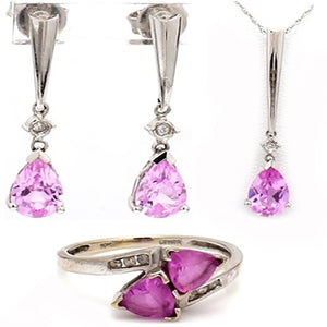 10K White Gold & Synthetic Pink Sapphire Necklace, Ring, & Earrings Set