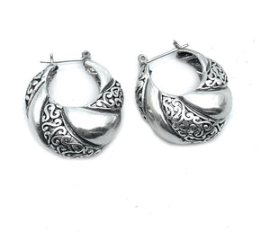 Sterling Silver Open Filigree & Ornately Designed Scalloped Hoop Earrings