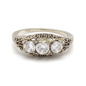 18K White Gold & 3-Stone CZ Filigree Ring - Sz. 6.7518K White Gold & 3-Stone CZ Filigree Ring - Sz. 6.75