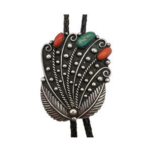 Old Pawn Native American Sterling Silver Coral & Turquoise Bolo Tie