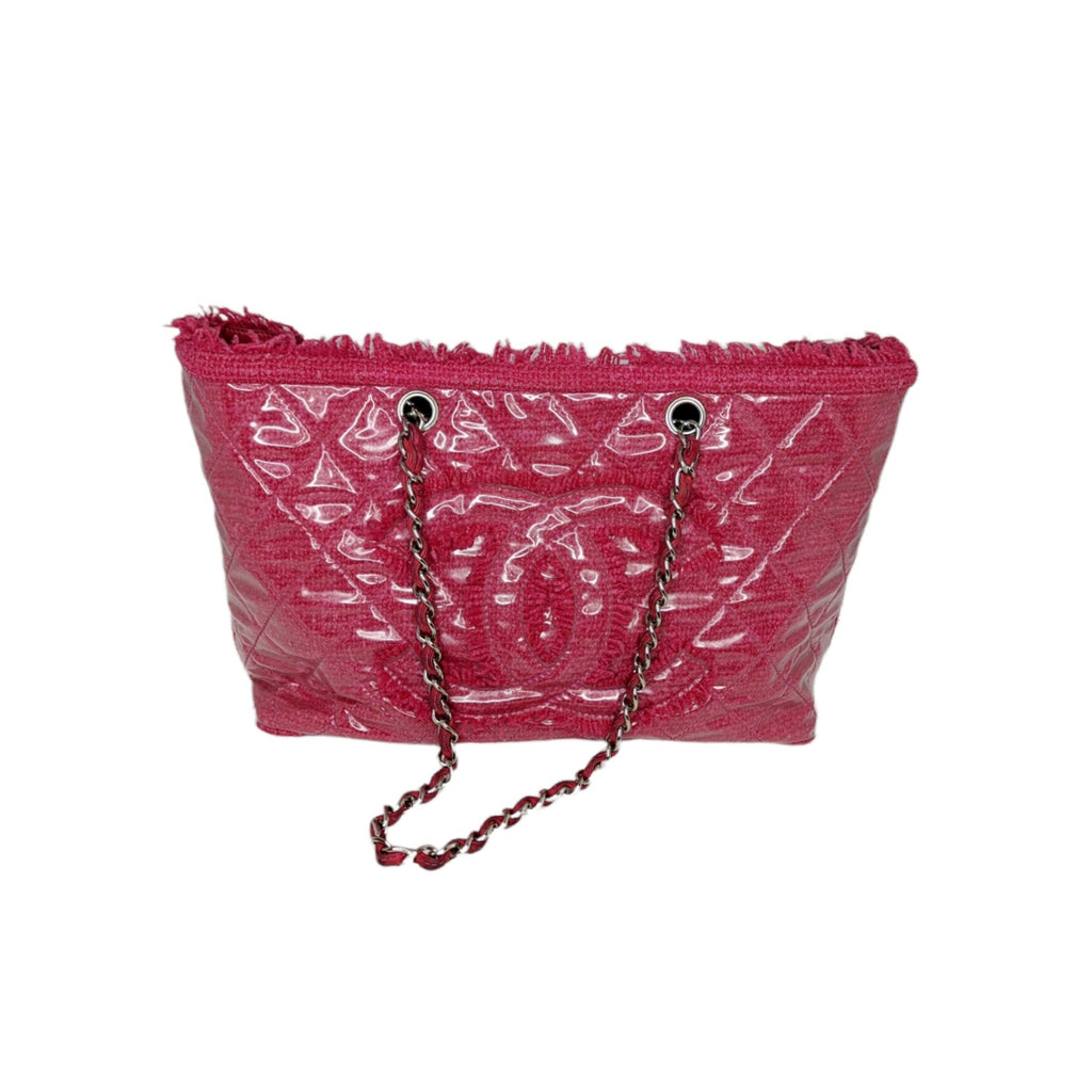 CHANEL Vinyl Quilted Funny Tweed Tote Fuchsia 1285645