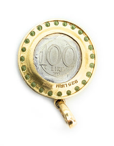 Plated Sterling Silver & Crystal 100 Lire Coin Medallion Pendant