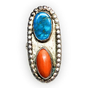 Vintage Navajo Sterling Silver, Turquoise, & Coral Split Shank Ring - Sz. 7.75