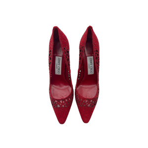 JIMMY CHOO Romy 110 Red Perforated Suede w Crystal Hotfix - Sz. 36