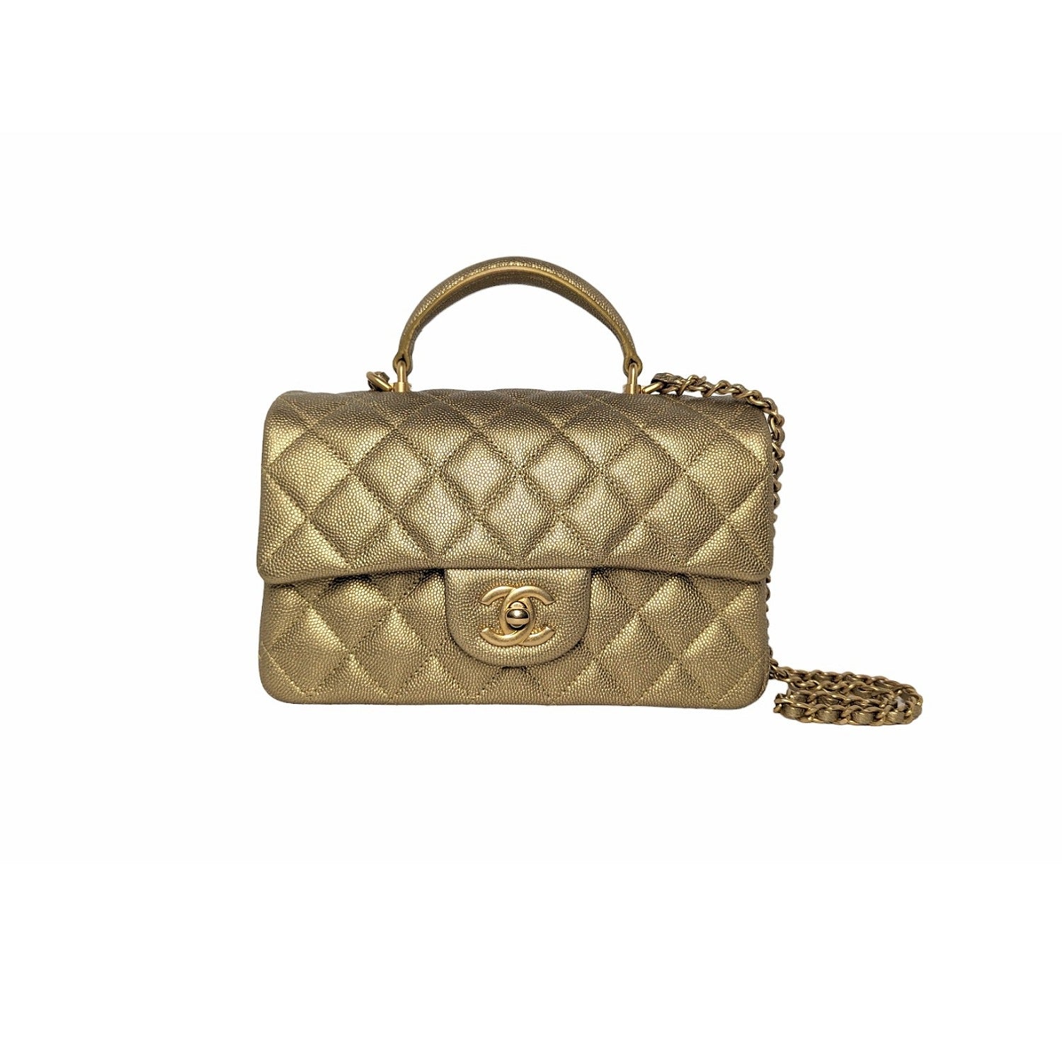 Chanel Women Mini Flap Bag with Top Handle Grained Calfskin Gold-Tone Metal  Sandy - LULUX