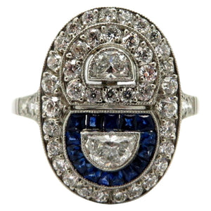 Platinum Sapphire and Diamond Half-Moon Shaped Art Deco Style Engagement Ring, Size 7
