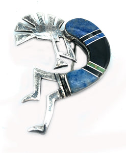 Charlie Bowie Sterling Silver & Multi-Stone Inlay Kokopelli Brooch Pendant