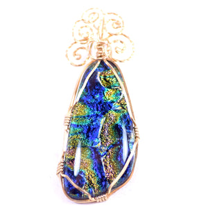 Black Stone with Blue, Yellow, and Green Inlay, Rose Gold Tone Pendant