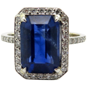 Platinum Estate Vintage Emerald Cut Sapphire and Diamond Halo Eternity Band Ring
