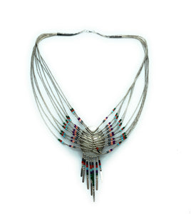1970's Zuni Sterling Silver Liquid Silver Multi Stone Inlay Pendant Necklace