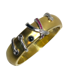 14K Two-Tone, Rubies, & Sapphire Hinged Textured Hinged Bangle Bracelet