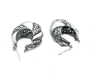 Sterling Silver Open Filigree & Ornately Designed Scalloped Hoop Earrings