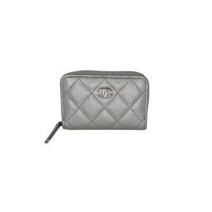 Chanel Metallic Silver Caviar Quilted Zip Coin Purse Wallet