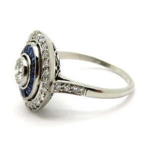 Platinum Art Deco Style Old European Cut Diamond & Sapphire Halo Engagement Ring