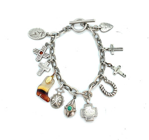 Old Pawn Sterling Silver, Turquoise, Coral, Glass, & Multi-Charm Bracelet