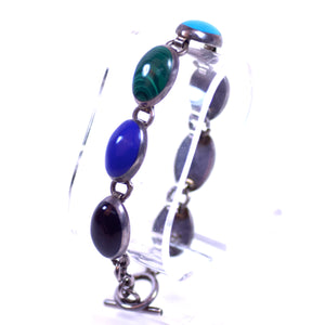 Sterling Silver and Multicolor Stone LDS Bracelet with Lapis Lazuli, Onyx, Malachite, and Turquoise