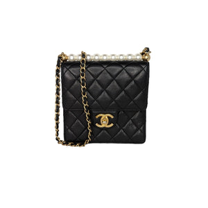 CHANEL Calfskin Quilted Mini Rectangular Crystal Pearls Chain Flap Black  1314236