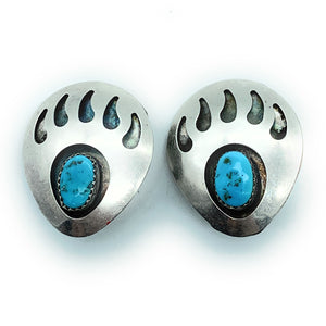 Vintage 1960's Navajo Turquoise Shadowbox Bear Paw Sterling Silver Earrings