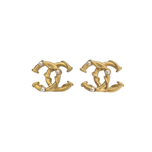 Chanel Vintage Gold Plated CC Black Camellia Asymmetrical Hoop Earrings