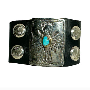 Navajo Sterling Silver, Turquoise, & Leather Child's 'Ketoh' Bow Guard