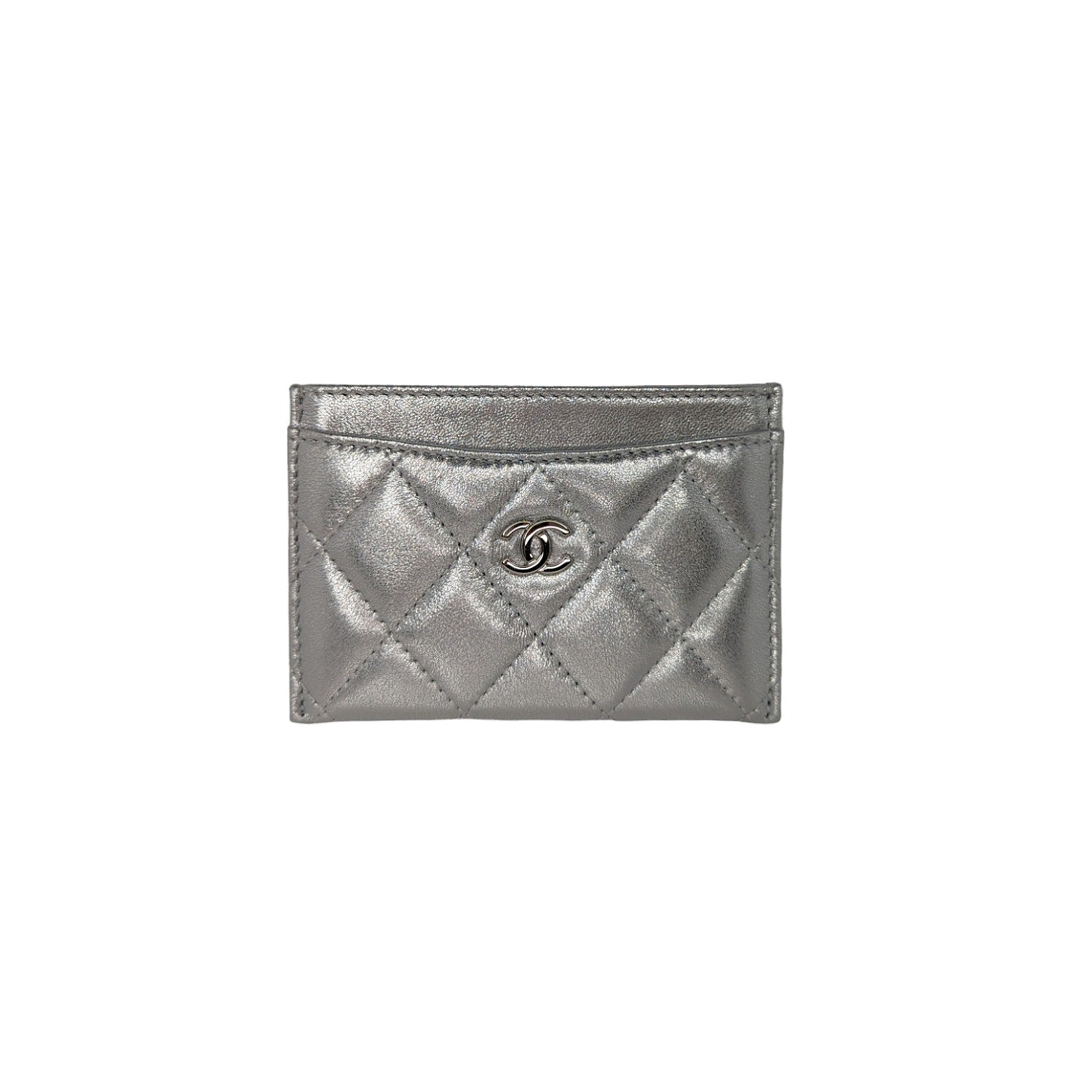 Chanel Metallic Caviar Quilted Card Holder Silver
