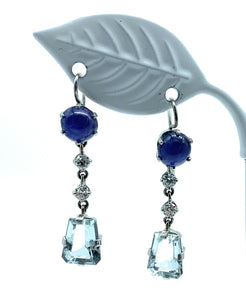 14K White Gold, 2.00ctw Blue Sapphire, 2.00ctw Aquamarine, & Diamond Dangle Earrings