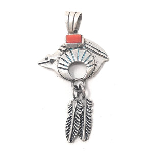 Navajo Sterling Silver Red Coral Frog and Feather Pendant