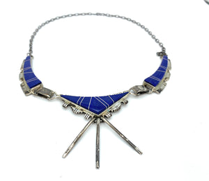 Vintage Old Pawn Zuni Sterling Silver & Lapis Inlay 3-Station Necklace