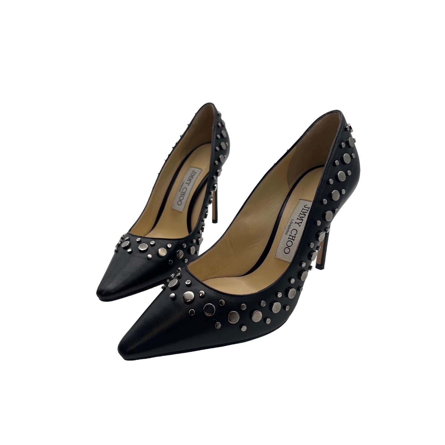 JIMMY CHOO Black Nappa Pointy Toe Pumps with Anthracite Studs Romy