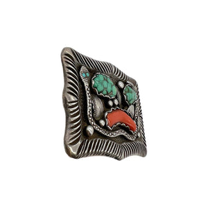 Native American Sterling Silver Turquoise & Coral Belt Buckle