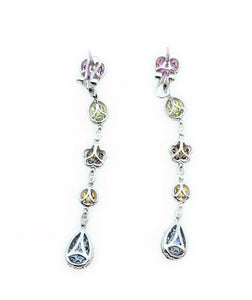 18K White Gold Mult-Color Diamond & Multi-Color Sapphire Drop Earrings