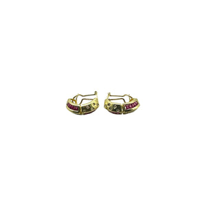 14K Yellow Gold, Diamond, & Ruby Princess Hoop Earrings