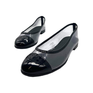 RARE Authentic Chanel Black Patent Leather CC Cap Toe Ballerina Ballet Flats
