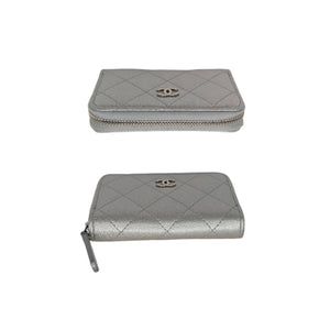 Chanel Metallic Silver Caviar Quilted Zip Coin Purse Wallet