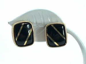 14K Yellow Gold Square Onyx Post Earrings w/ Two Gold Stripes