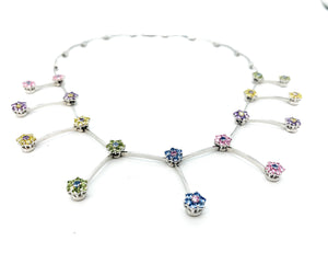 18K White Gold 9-Station Multi-Stone Flower Necklace Choker