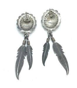 Old Pawn Navajo Sterling Silver Shield Post Earrings w- Feather Dangles