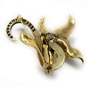 Antique 14K Gold, Sterling Silver, Enamel & Diamond Snake Lily Pin Brooch