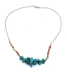 Vintage Old Pawn Sterling Liquid Silver, Turquoise, Mother Of Pearl, & Coral Necklace