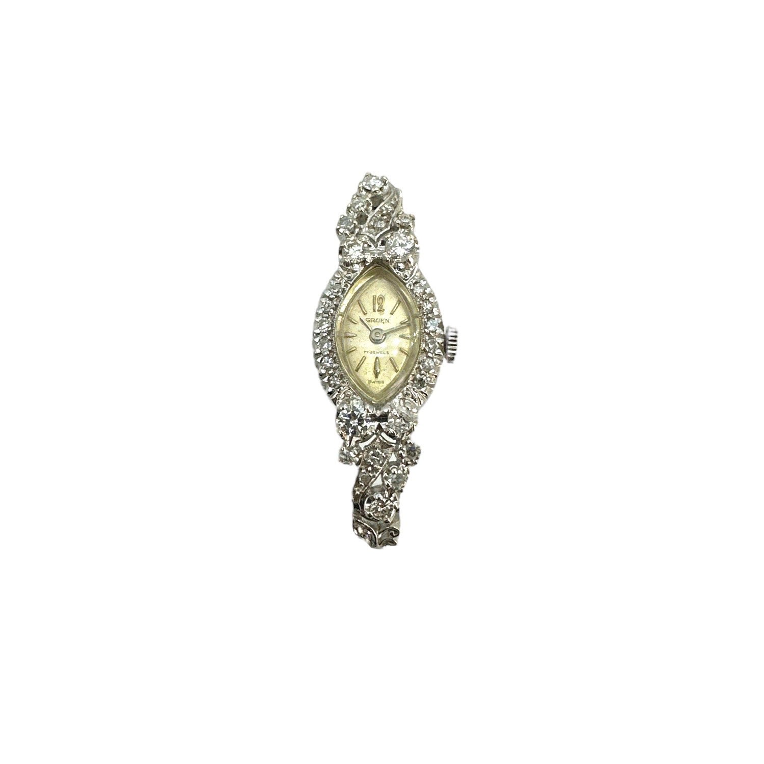 Vintage Gruen 14K White Gold Diamond Manual Wind Ladies