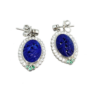 Platinum 1.28ctw Diamond, Lapis, & Emerald Earrings