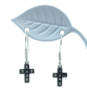 Vintage 1980's Sterling Silver & Black Hill Diamond Crucifix Dangle Earrings