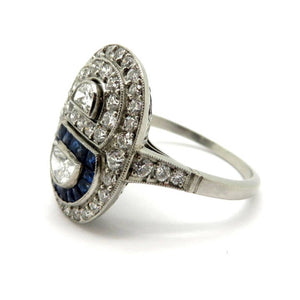 Platinum Sapphire and Diamond Half-Moon Shaped Art Deco Style Engagement Ring, Size 7