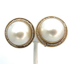14K Yellow Gold 17mm Round Mabe Pearl & Seed Pearl Earrings