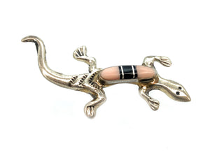 Old Pawn Silver & Channel Set Inlay Pink Coral & Onyx Lizard Brooch
